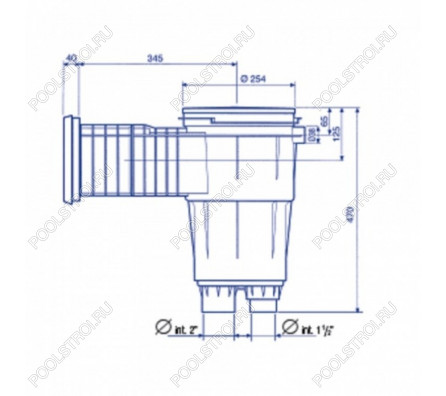 Скиммер из ABS-пластика. 17.5 л. cо стандарт. удлин. раструбом. подкл.внутр. 2